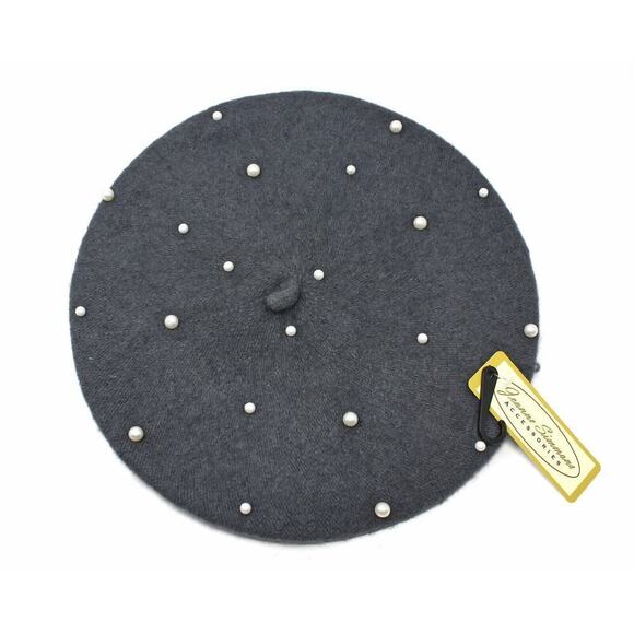 Grey Beret w Pearls Wool Blend Vintage Inspired Classic Style Hat - Hey Viv - Picture 1 of 4